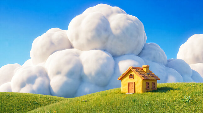 Stylized 3D digital illustration of a yellow cottage on green rolling hill under fluffy clouds