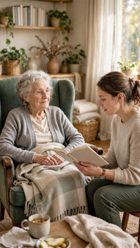 Caring assistant reading book aloud to senior woman with Alzheimer's sitting in cozy high back armchair