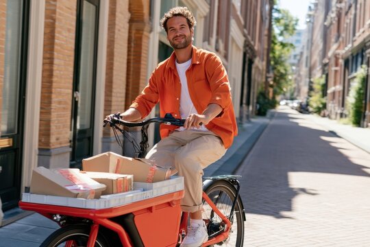 Friendly courier riding electric cargo bike on urban street. Modern lifestyle and delivery service concept