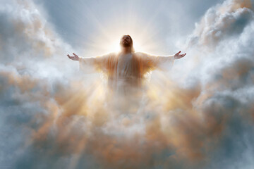 Fototapeta premium Divine figure radiates light from clouds above. Outstretched arms convey grace and welcome. Golden glow surrounds celestial being. Clouds swirl softly in divine atmosphere. Emotion radiates peace