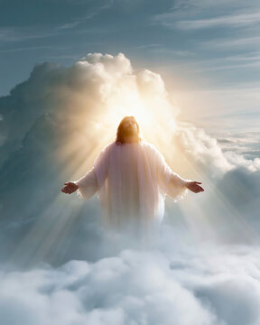 Radiant figure stands above clouds, arms open wide. Golden light beams outward from divine presence. Clouds swirl softly beneath celestial glow. Serene expression radiates peace and grace