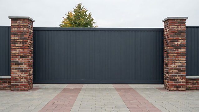 Metal gate with brick pillars provides a secure entrance to a private property.