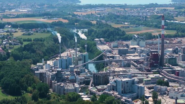 Aerial view of Lenzing Plastics manufacturing plant emitting steam