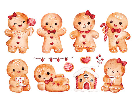 Watercolor Illustration Set of Cute Gingerbread Man and Christmas Elements