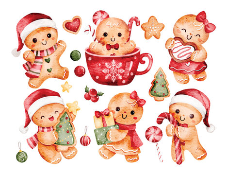 Watercolor Illustration Set of Cute Gingerbread Man and Christmas Elements