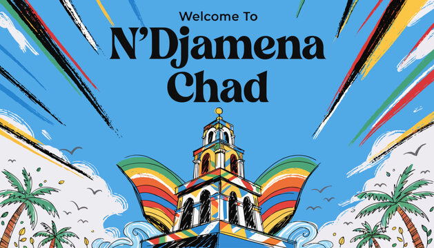 Welcome To N'Djamena Chad - Vibrant Cityscape with Cultural Architecture and Palm Trees