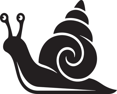 Stylized black snail silhouette with spiral shell. Minimalistic vector icon of soft animal. Graphic logo design suitable for branding and web, monochrome style.