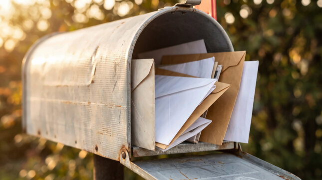 Open Vintage Metal Mailbox Overfilled with Paper Envelopes and Letters