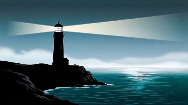 Minimalist coastal cliff landscape with lighthouse silhouette and light beam in sea mist vector