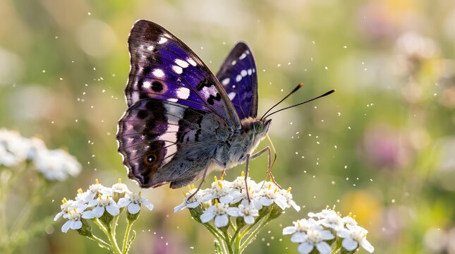 Purple emperor butterfly resting on white yarrow flowers in a sunny meadow macro shot