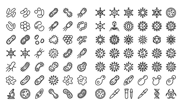 Microbiology and bacteria outline icon collection with germs, microbes, viruses, pathogens, laboratory equipment, and scientific symbols
