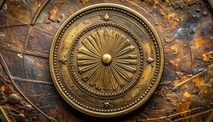 Fototapeta premium Scratched vintage solid brass metal coin or disc, aged patina, realistic engraved surface, antique collectible aesthetic