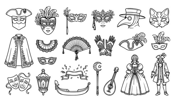 Masquerade and Venetian festival outline icon collection featuring masks, costumes, fans, jewelry, gondolas, and carnival decorations