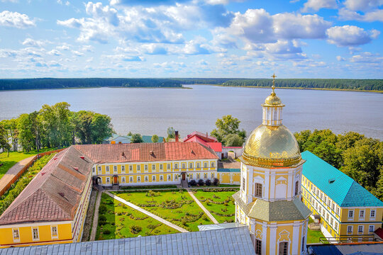 Courtyard of the Nilo-Stolobensky Monastery on Lake Seliger on a summer day, Tver region of Russia