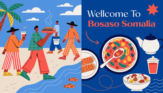 Welcome to Bosaso Somalia, colorful illustration of beach scene and Somali food