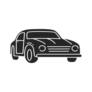 Black silhouette vintage car icon isolated on white background for retro automotive web design projects