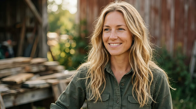 Smiling Blonde Woman In Casual Shirt On A Sunny Rural Farm Portrait
