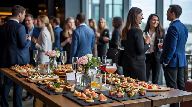 Business professionals networking at corporate event with buffet food and drinks