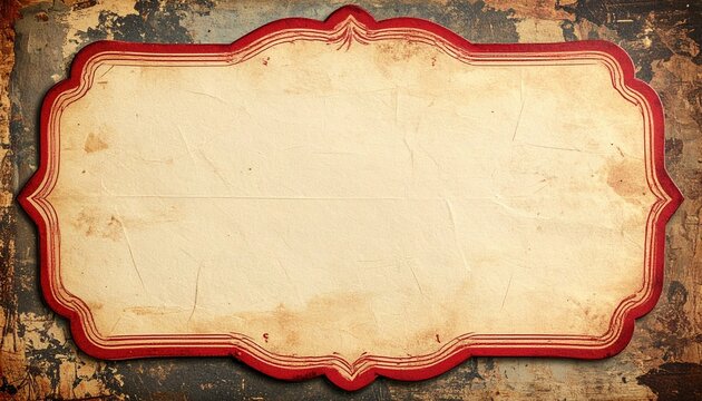 Blank vintage paper label with hand-drawn red border and scalloped edges, rustic paper texture, packaging design background, vintage stationery aesthetic, typography mockup