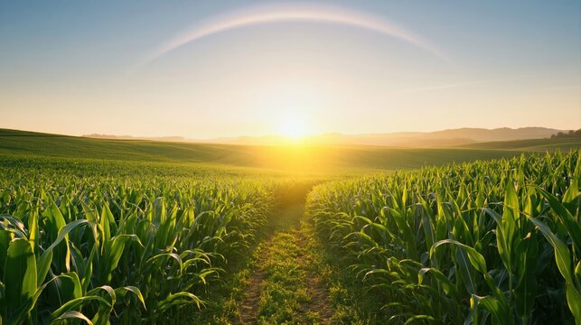 Corn field at sunrise with a faint rainbow over the rural nature landscape farm