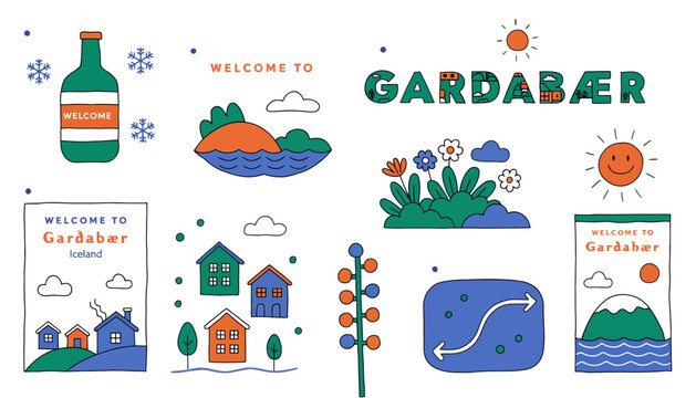 Welcome to Gardabaer Iceland Collection: Cartoon Icons, Travel, Town, Nature Elements