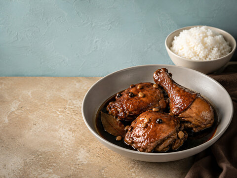 Filipino Chicken Adobo with Soy Vinegar Garlic Sauce and Rice