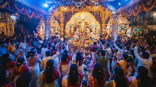 Crowd of people celebrating durga puja festival in a temple, hands raised in prayer before the decorated idol of goddess durga with festive lights