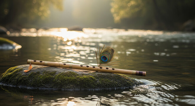 Traditional bamboo bansuri flute with peacock feather resting on a mossy rock in a scenic forest river