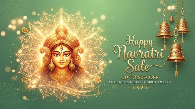 Goddess Durga portrait with golden mandala for Navratri festive sale