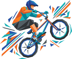 Fototapeta premium Dynamic low poly cyclist illustration featuring an extreme mountain bike rider jumping with vibrant geometric shards, concept for athletic energy and action, ideal for sports posters and apparel
