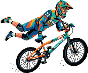 Fototapeta premium Dynamic BMX rider in colorful protective gear performing mid-air freestyle trick on bicycle, concept for extreme sports enthusiasm, perfect for sports branding, youth events, and active lifestyle