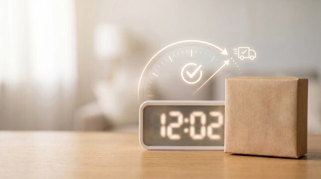 Cardboard parcel box and digital clock with fast delivery truck holographic icon on a wooden table for express shipping and e-commerce concept.