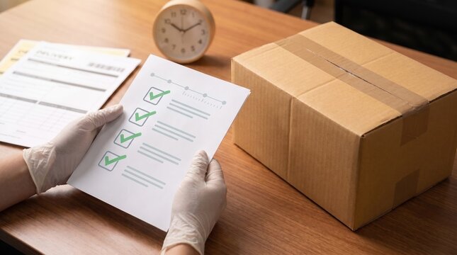 Person wearing protective gloves holding a quality inspection checklist document with green checkmarks beside a cardboard parcel box on a wooden desk.
