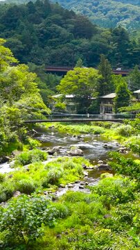 Kurenai Suspension Bridge and River Stream in Shiobara Onsen Resort, Nasushiobara, Tochigi, Japan
