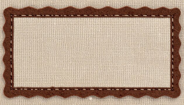 natural linen fabric label with stitched brown scalloped felt border, rustic handmade textile, natural fiber texture