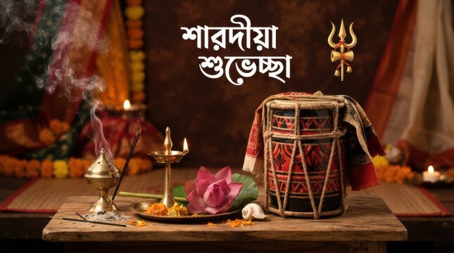 Incense smoke with traditional drum and lotus for Durga Puja festival