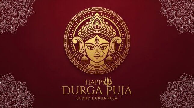 Elegant golden Durga face emblem on deep red background for festival