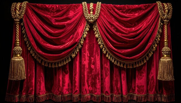 Rich red velvet theater curtains tied back with ornate golden ropes and tassels, luxurious theatrical decoration, isolated composition