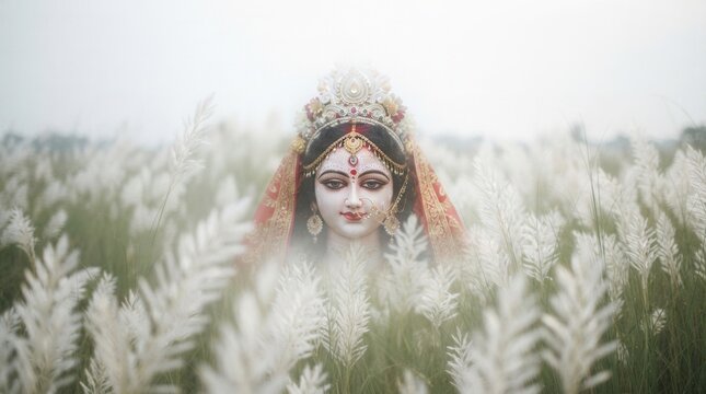 Goddess Durga statue standing amidst white kash flowers in the field