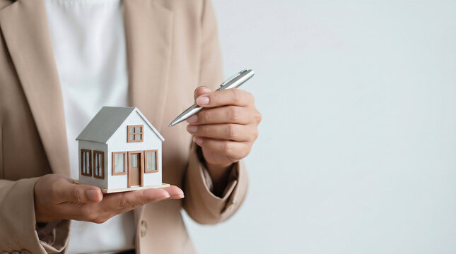 Real estate agent holding a miniature house for property rental, mortgage, home buying, and housing investment