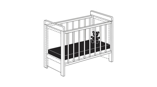 Minimalist line art illustration of a baby crib with a teddy bear on a dark mattress, isolated on white
