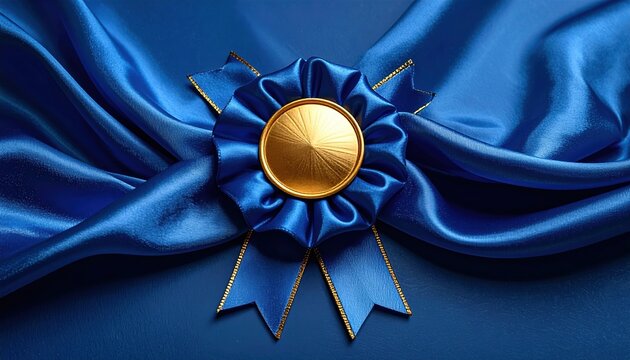 Blue award ribbon rosette with gold center and flowing silk tails, achievement and competition element