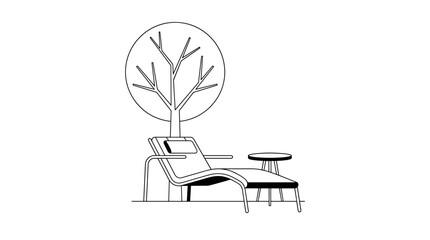 Fototapeta premium Minimalist line art of a chaise lounge chair and side table under a stylized tree, isolated on white.