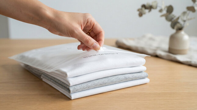 Hand sealing plastic bag with folded cotton t-shirts on wooden table