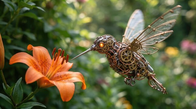 Rufous hummingbird feeding on vibrant orange lily in a lush garden setting with blurred background