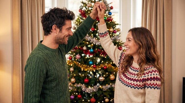 Young couple admiring a decorated christmas tree with their child during the holiday season indoors