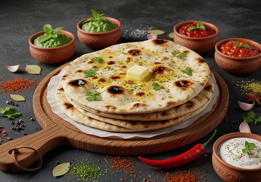Naan Bread with Melted Butter Fresh Herbs and an Assortment of Chutneys