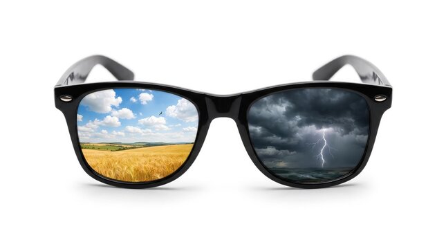 Sunglasses reflecting a bright sunny landscape and a stormy dark seascape representing duality