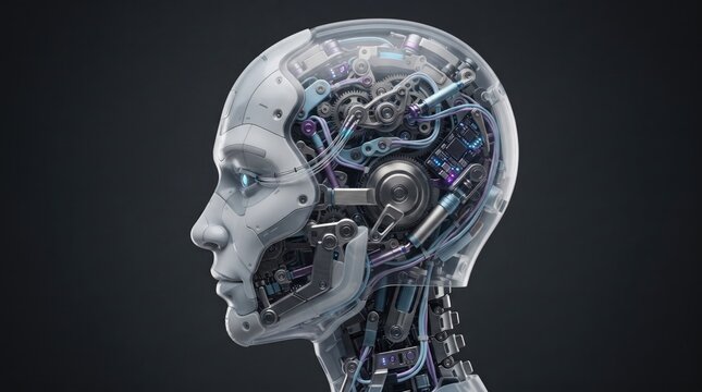 Detailed digital rendering of a human head revealing complex robotic and mechanical inner workings