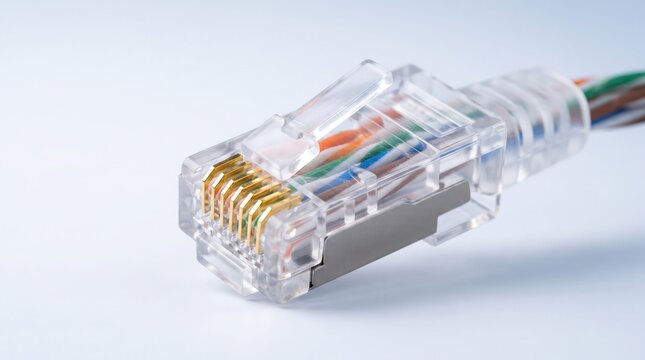 Close up of a translucent rj45 network connector with gold pins and visible wires